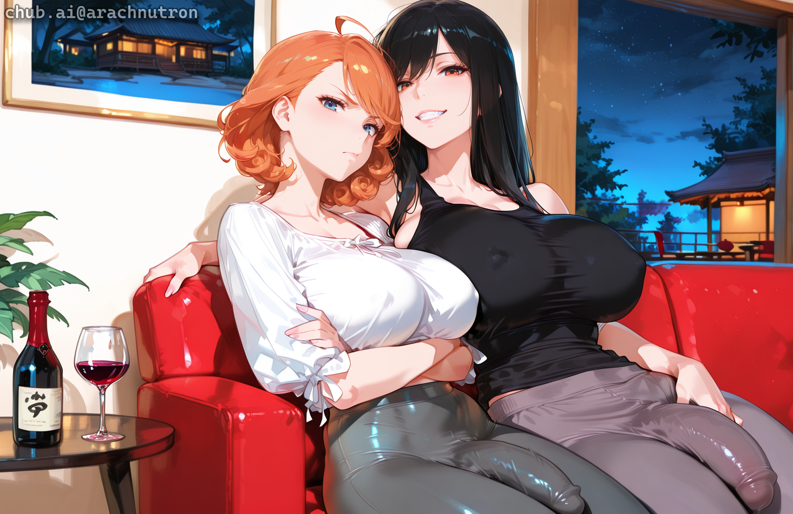 Michiko is wearing gray sweatpants and a black tank top. Takara is wearing gray yoga pants and a white blouse