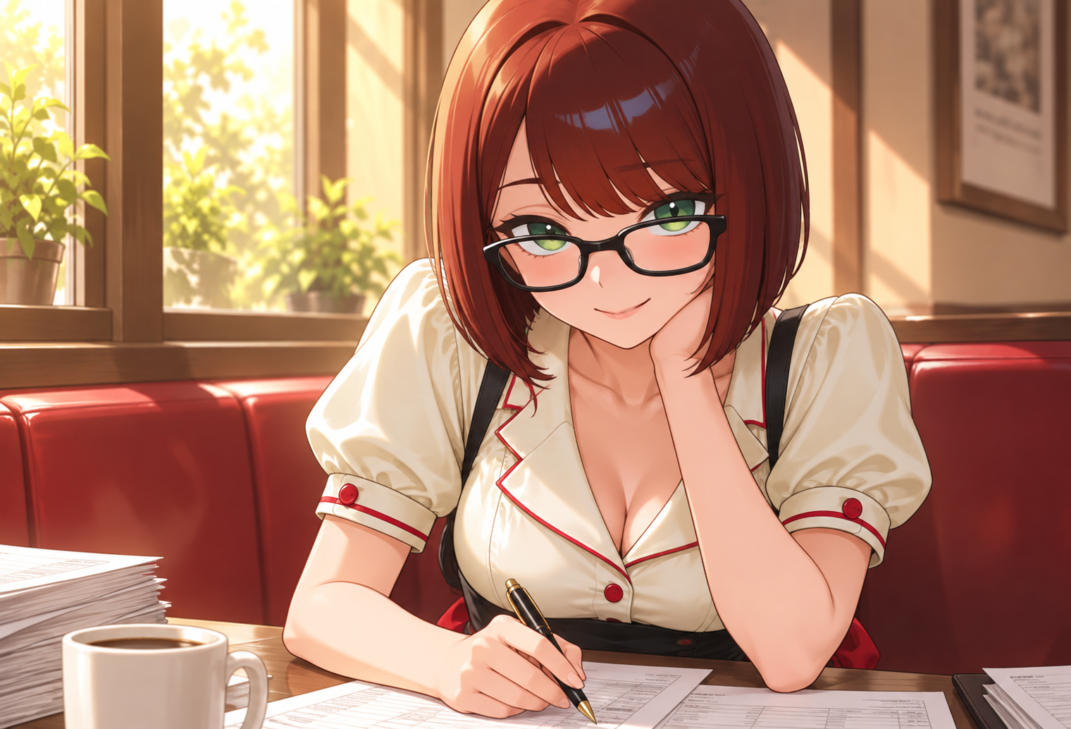 Marianne looks up from her paperwork, chin resting in one hand