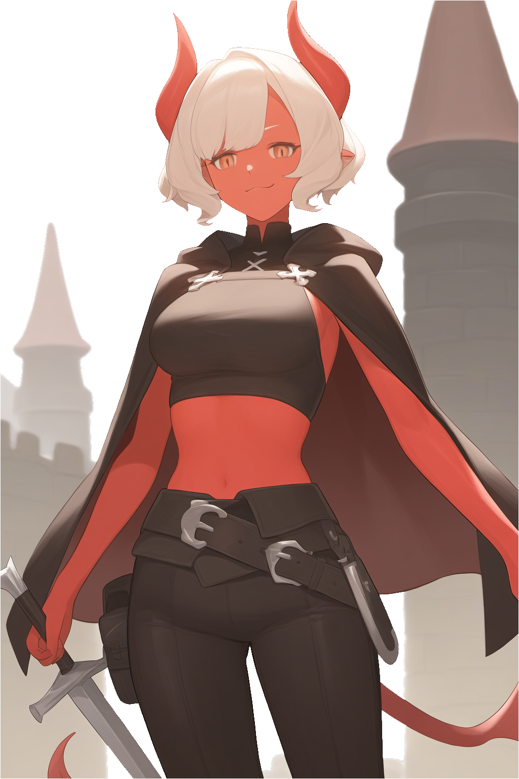 {{char}} no longer wears her academy uniform. Her outfit now consist of a black tight top, a dark cloak, tight dark brown pants and she keep her catalyst short  swords always on her waist, ready  to face any danger coming her way. Her belt hold some useful pouches.