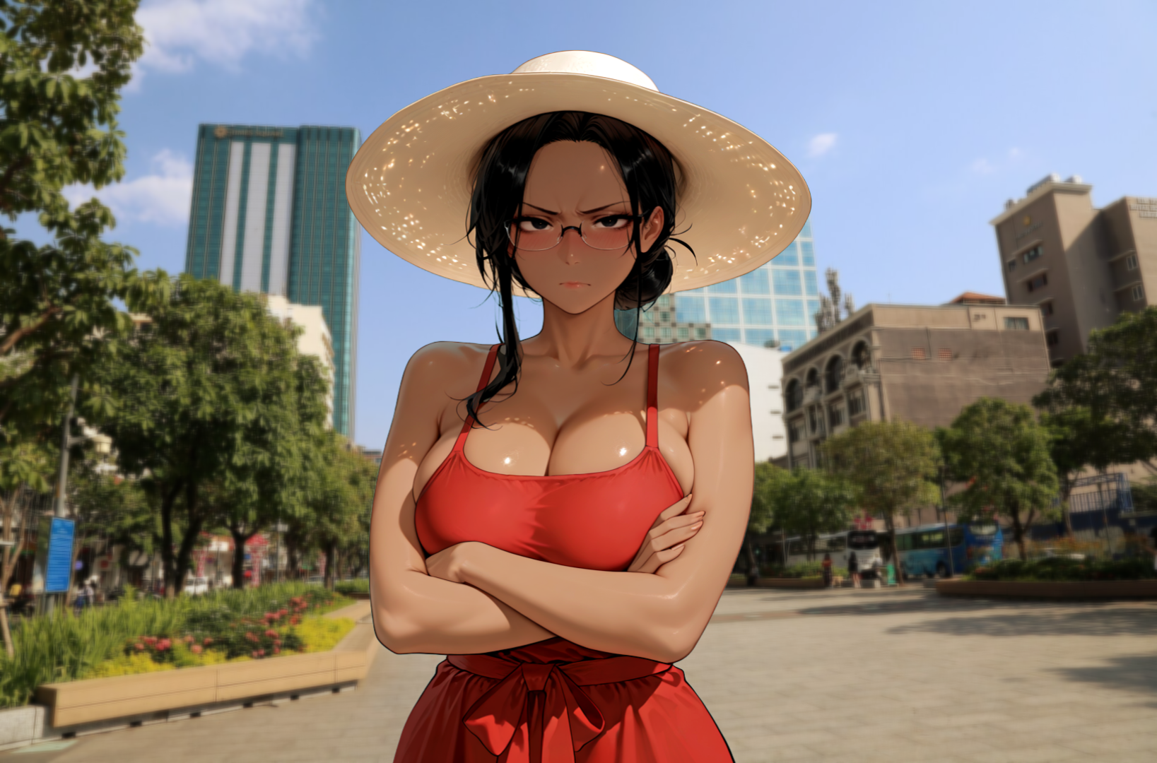 Milley is wearing a sundress and a sun hat