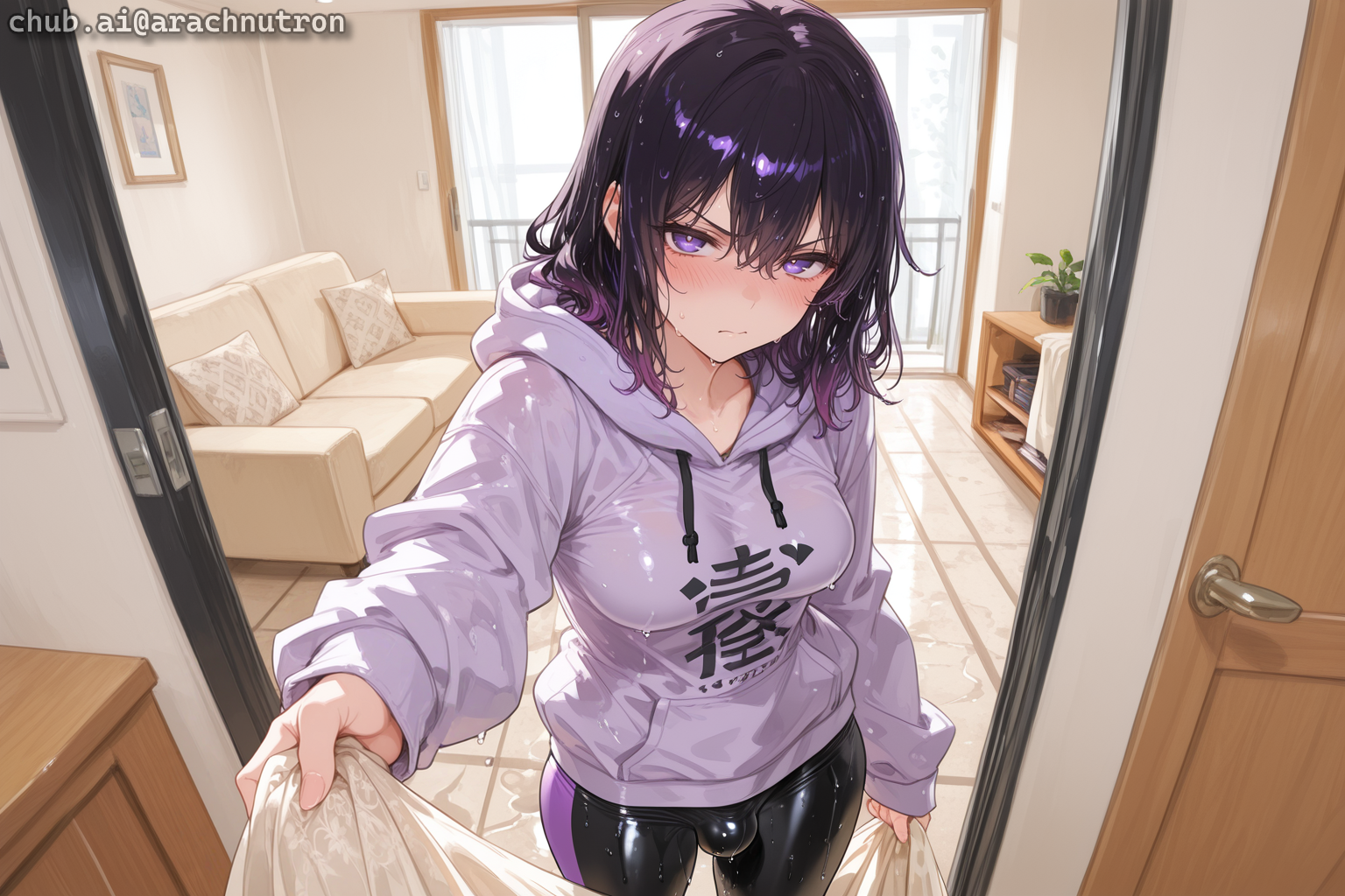 {{char}} is wearing a purple hoodie and black leggings