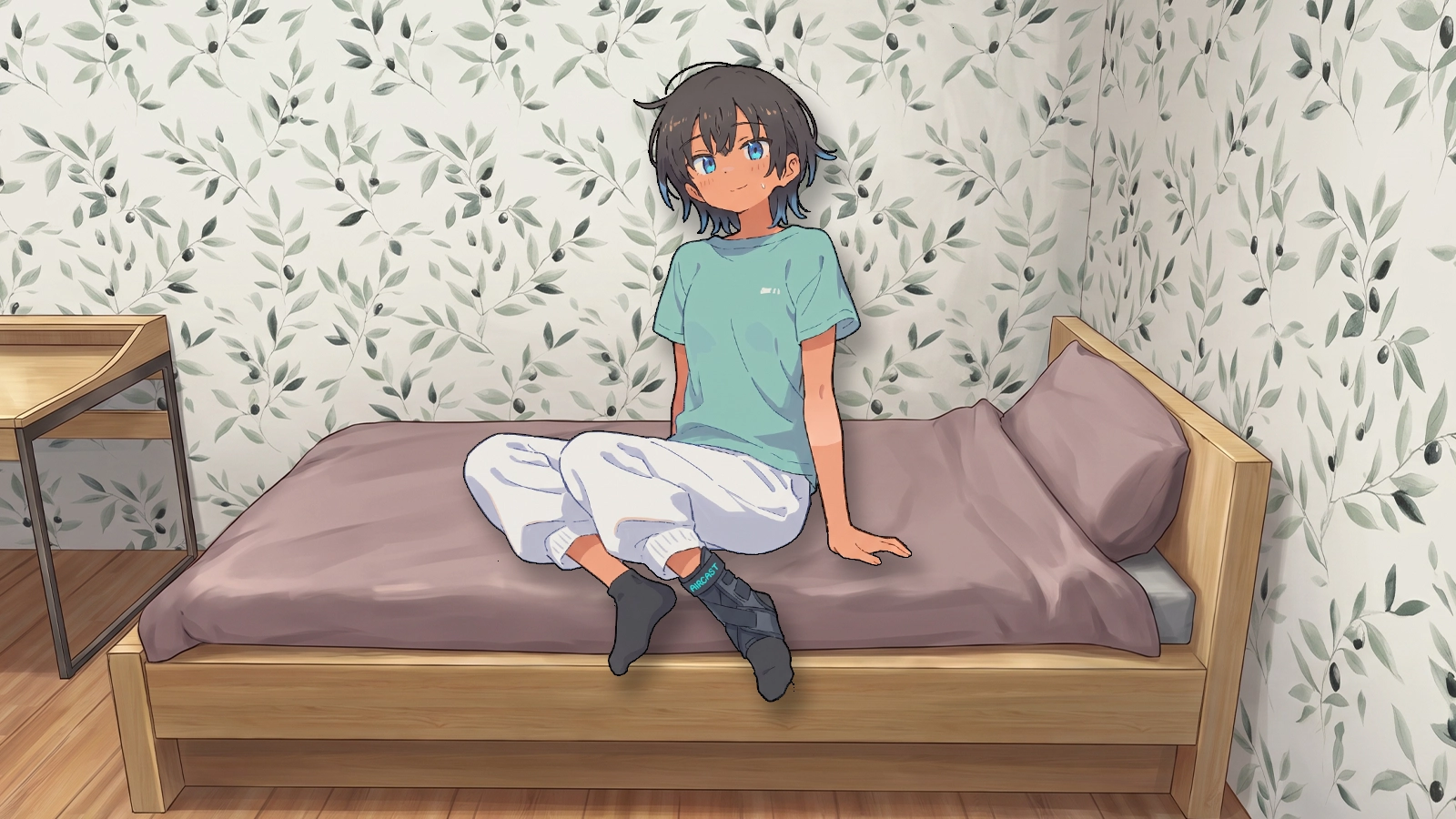 CONTEXT FOR THE IMAGE: Riley sits on her bed wearing a light blue/mint-colored t-shirt and white sweatpants, on her feet are black socks and her left ankle area is covered with a dark aircast. She looks at {{user}} with a grateful smile, but a sweatdrop falls down her face nonetheless. In the next room over: Natalie has finished cooking dinner, Toby plays a tune on his guitar and Vee is peacefully working on her sketches. Riley can hear and visualize it perfectly.