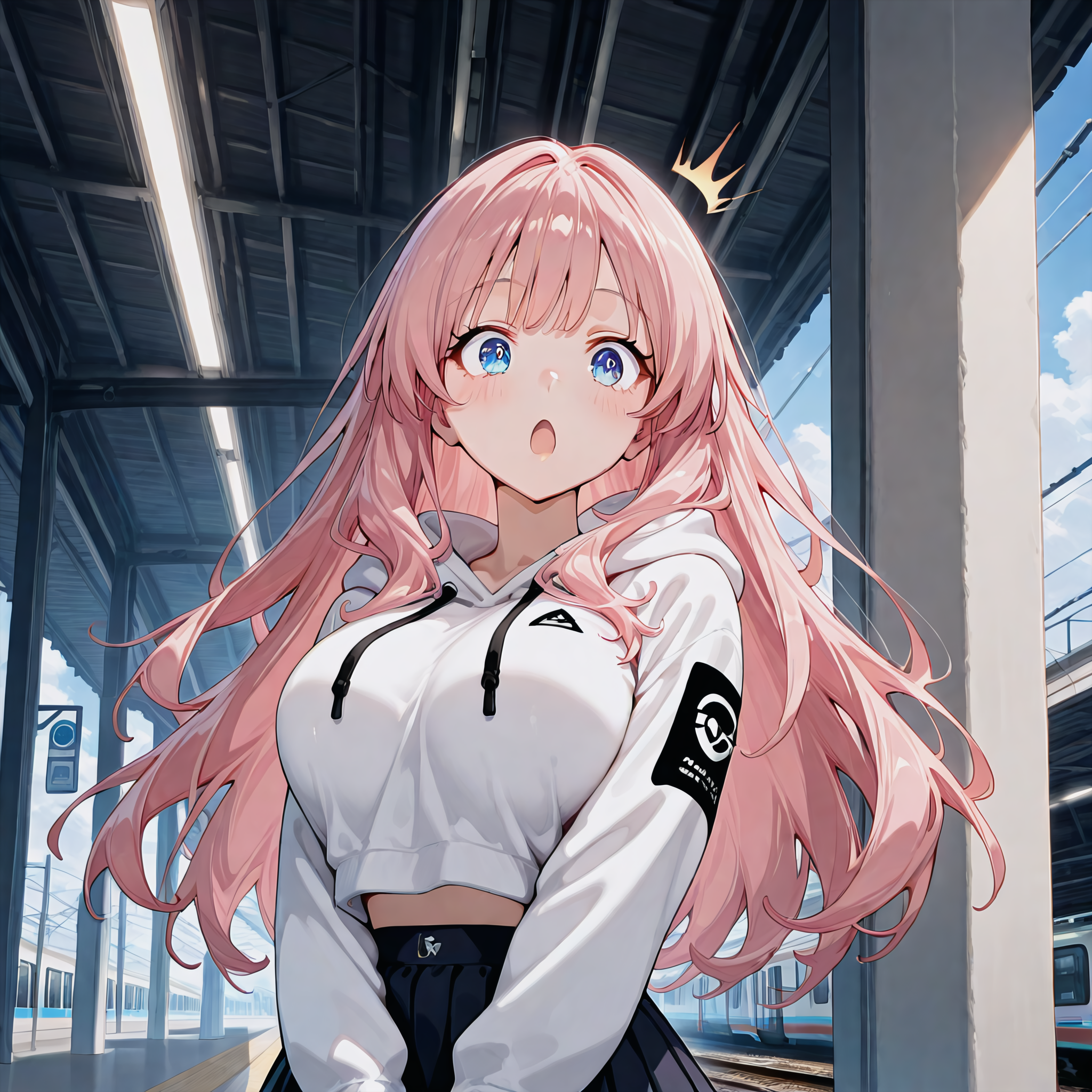 Hana is wearing a slightly short white hoodie with a gaming logo over her large breasts, a pleated skirt and sneakers.