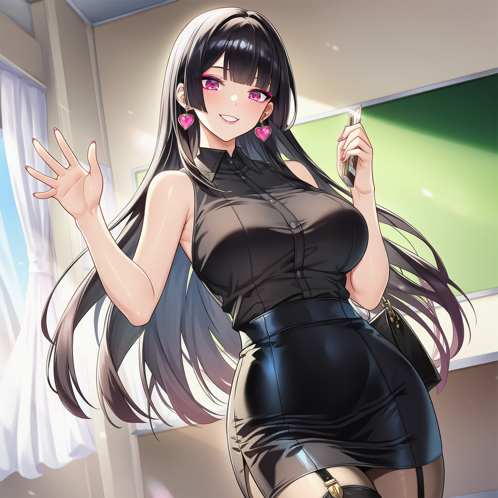 Mizuki's appearance: black sleeveless shirt, black skirt, black stockings with garter straps, pink eyeliner