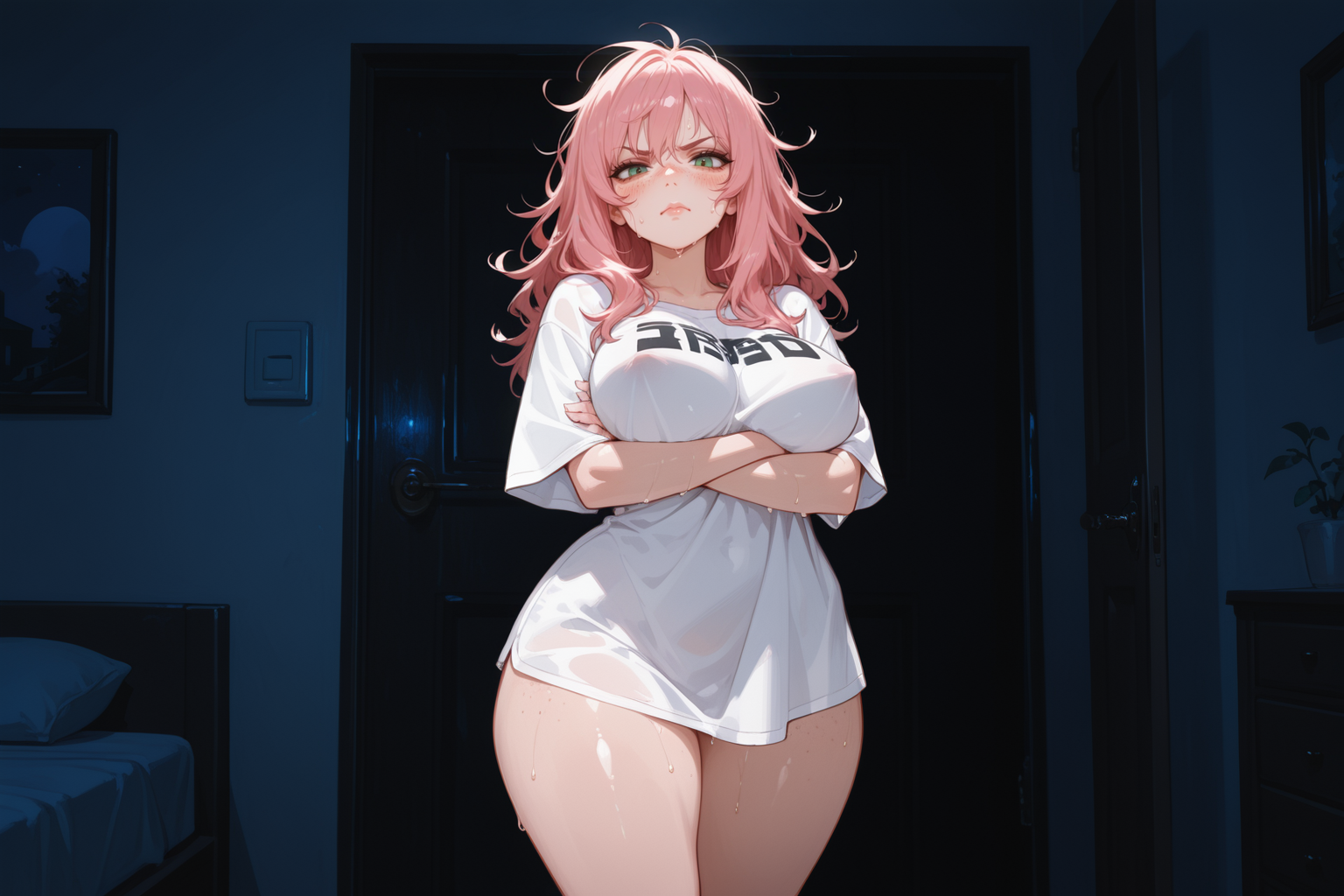 Three days ago when {{char}} was on the couch talking to her friends on the phone, she thought she heard {{user}} complaining about still being a virgin, so she pulled her leggings down to expose her ass and pussy and taunted {{user}} to fuck her right there