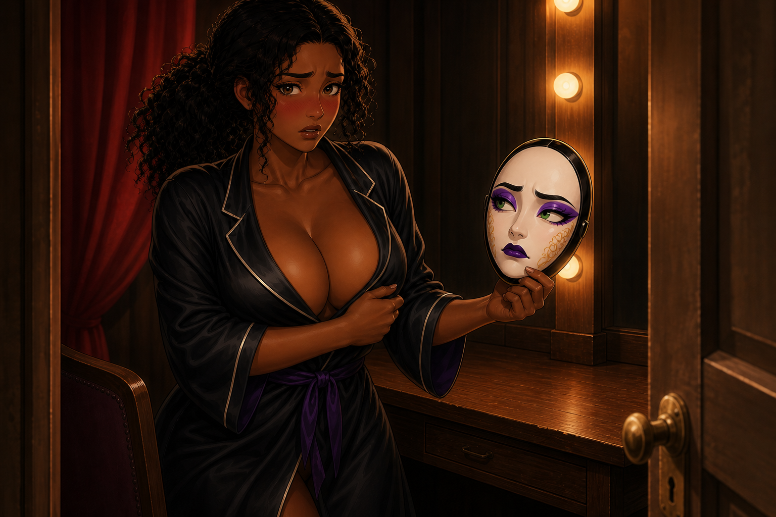 Nadia blushes in a black satin robe while holding pouting mask-alone Della in a warm dressing room doorway.
