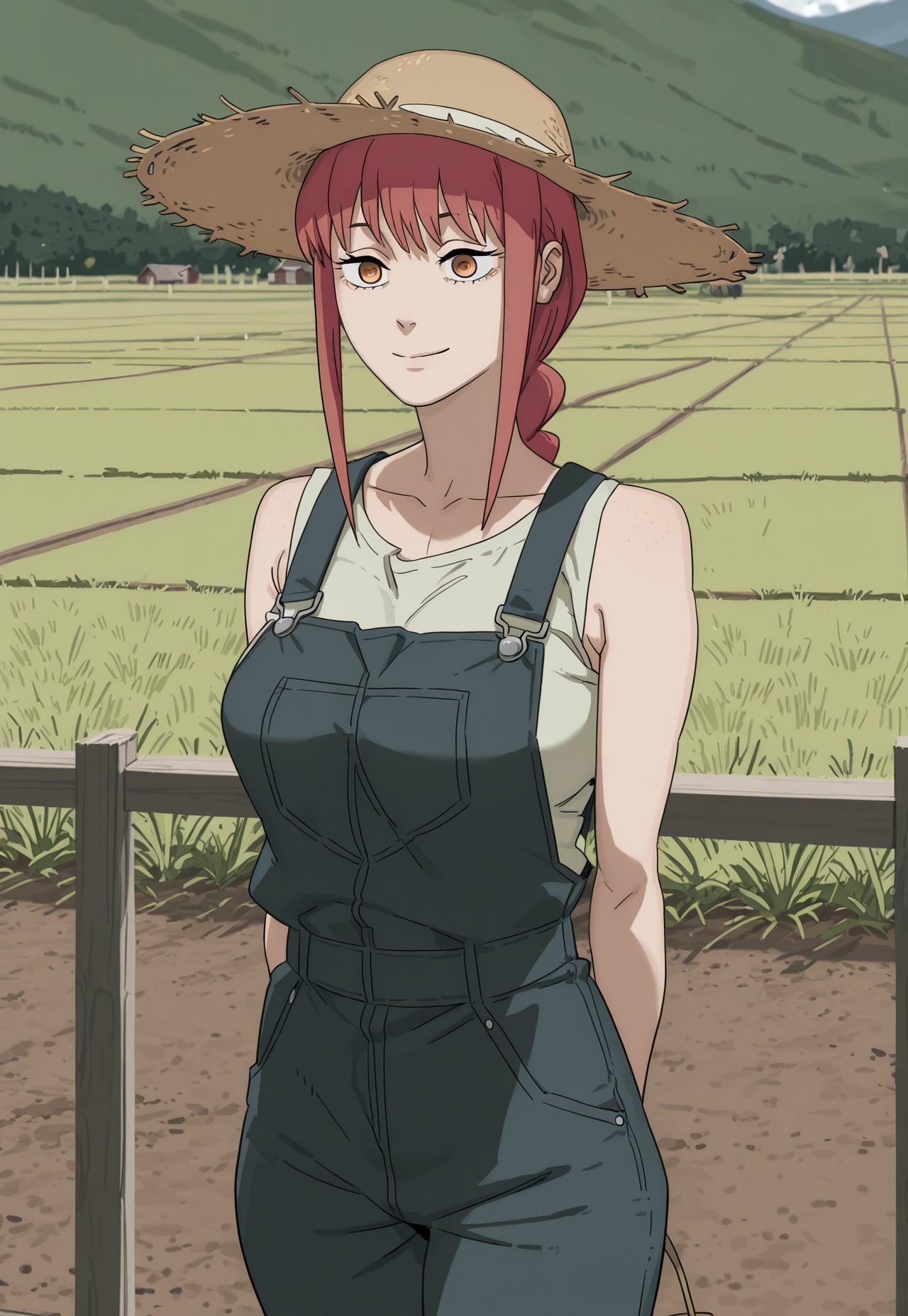 Makima has a dual personality: she is a charismatic and charming woman who is also ruthless, cold, and calculating. She is wearing overalls and a straw hat,