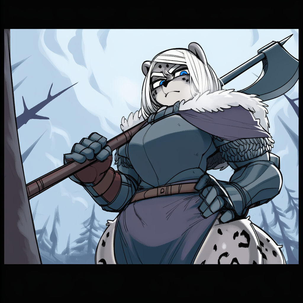 Natalia standing above {{user}}, holding her halberd over her shoulder