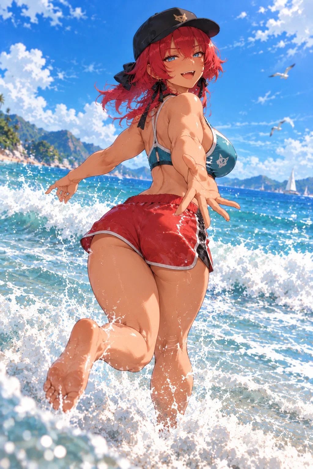 Rory running into bright blue surf in a teal bikini top and red shorts