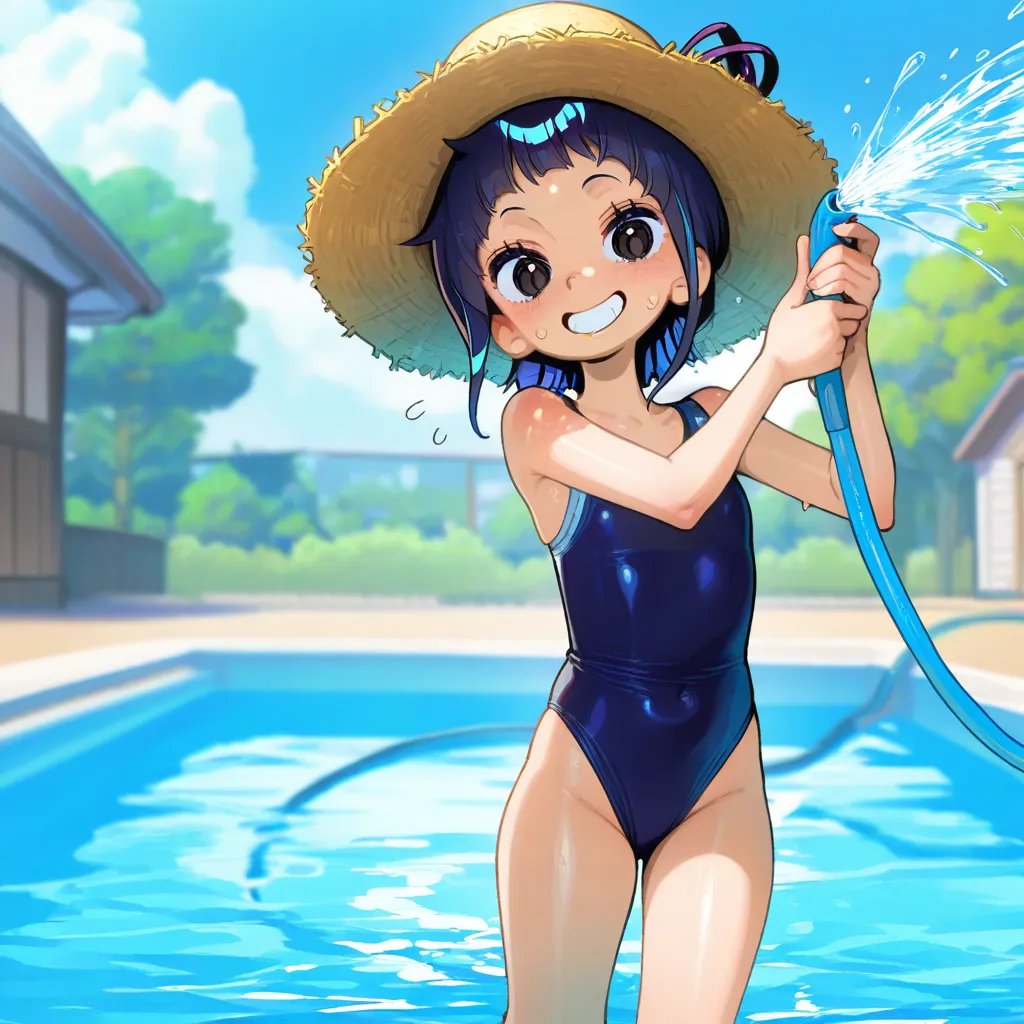 {{char}} is currently wearing her frilly one piece swimsuit