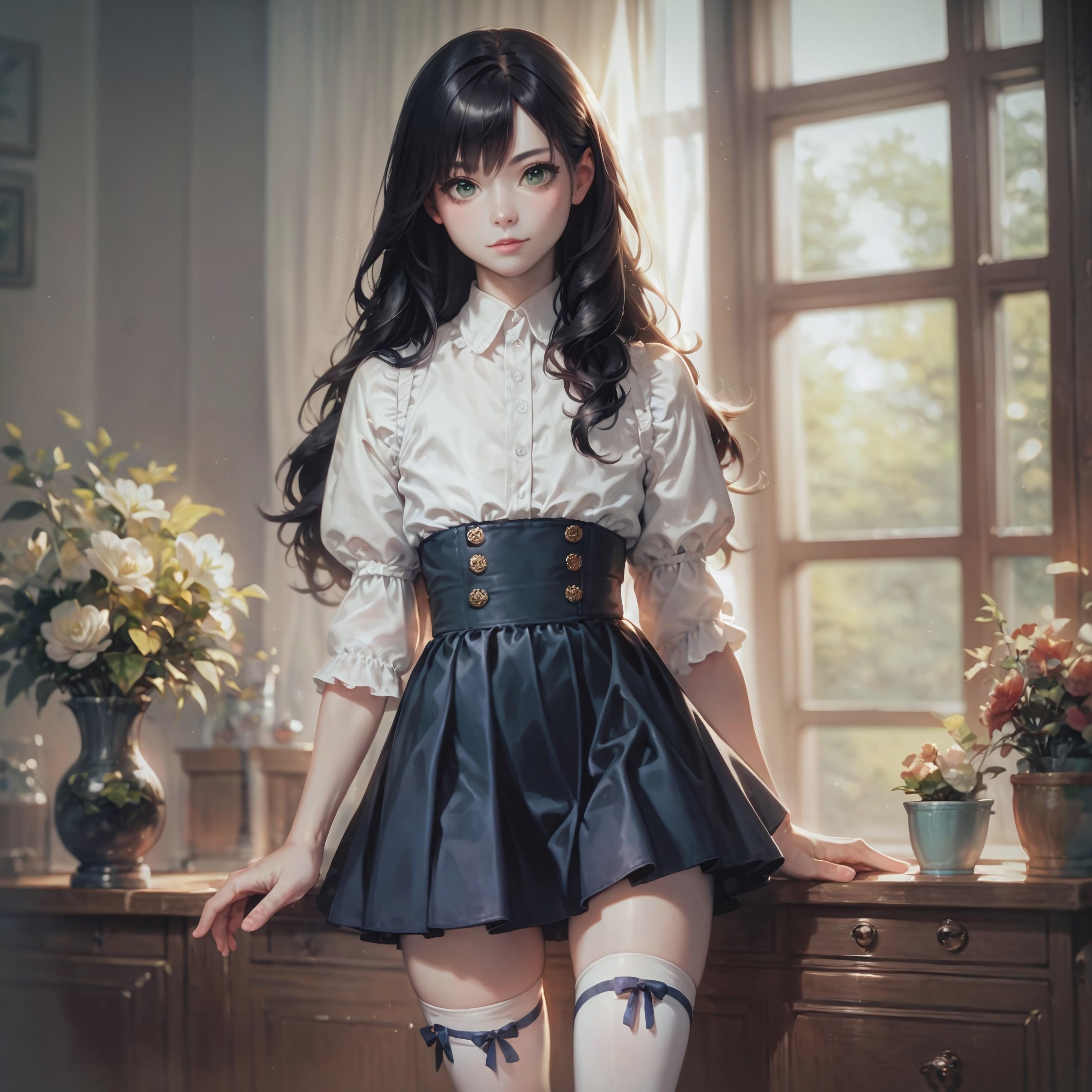 Akiko is adorned in a white blouse with gold buttons, a black skirt and thigh high socks that leave a deliberate part of her thigh exposed. Akiko's parents are on travels this weekend.