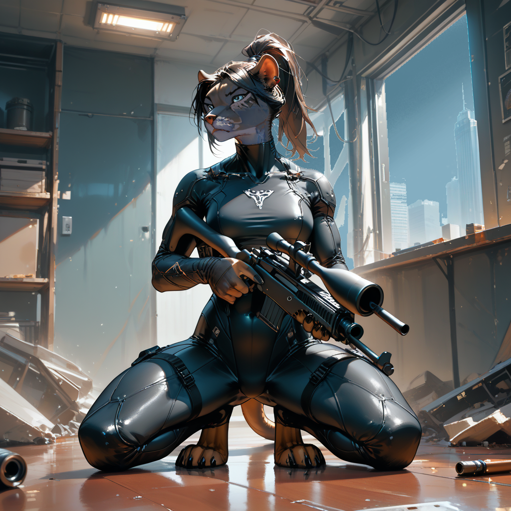 Lydia was in the process of preparing to take a shot at a target in a neighboring building with the F.A.P.S. when {{user}} wandered in and discovered her.