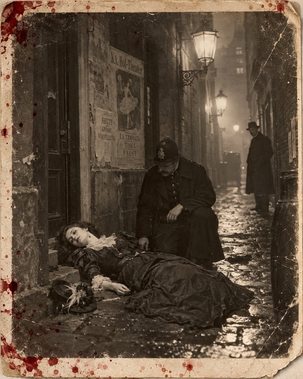Recovered period-style crime scene photograph 2; identity and location intentionally not supplied