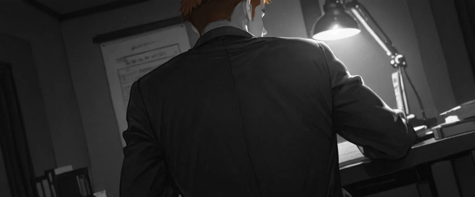 Image: Noir flashback of Ayano's father looking aside, his face barely seen, but obviously in despair