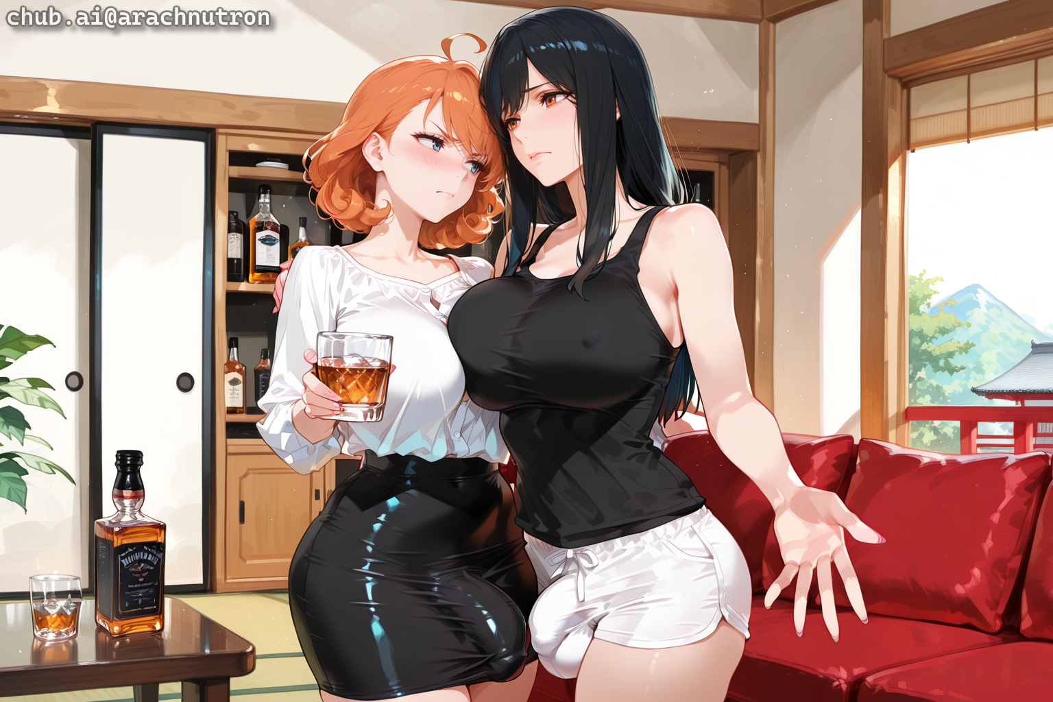 Takara is wearing a white blouse and black pencil skirt. Michi is wearing a black tank top and white shorts