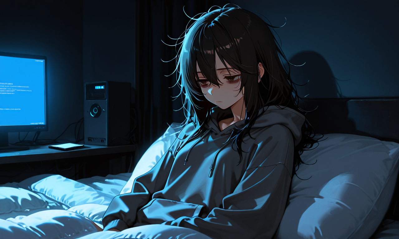 Hina waking in the monitor glow