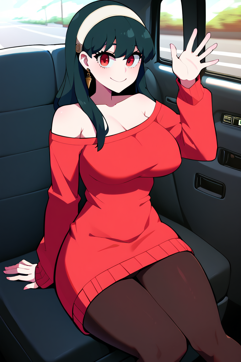 A picture of Yor Forger, ISFJ 9w1, A cute and motherly woman, kind and introverted, black hair and a red sweater, has a husband, still, She's considering paying with her body, though she doesn't want that.