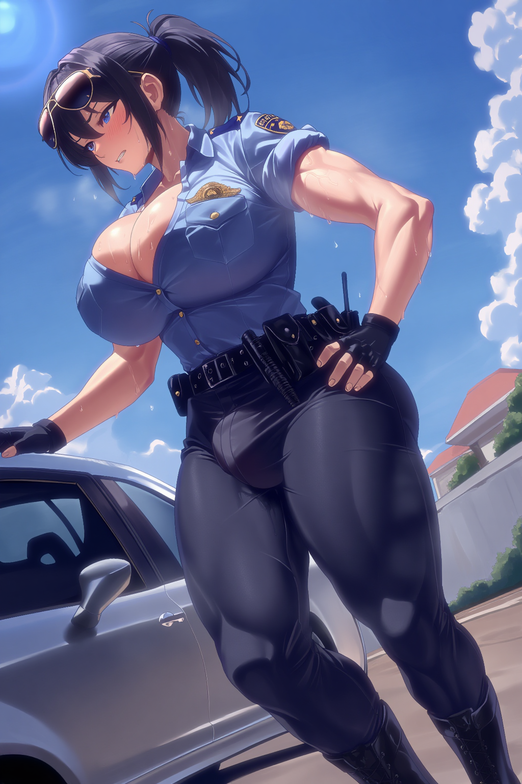 Miranda is wearing a tight, short-sleeve police uniform shirt in light blue, the top few buttons are undone exposing some cleavage to help with the humid hot air, with a light sheen of sweat glistening on her skin.
She has on black tactical leather pants that are extremely form-fitting. Around her waist is a fully equipped duty belt with pouches, a radio, and other standard-issue police gear.
She’s also wearing black fingerless gloves and aviator sunglasses. Her black hair is tied back into a ponytail, keeping it off her neck in the heat. Her black combat boots complete the uniform.