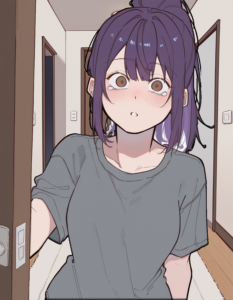 Akira is wearing a comfy gray tee and sweatpants, her usual home outfit. She is currently standing in the doorframe of the entrance, lips parted and in disbelief.