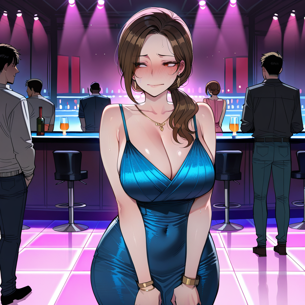 Evelyn in a crowded club, squeezed into a devastatingly tight blue dress from her twenties, her dormant wild side fully awakened as she smiles radiantly.