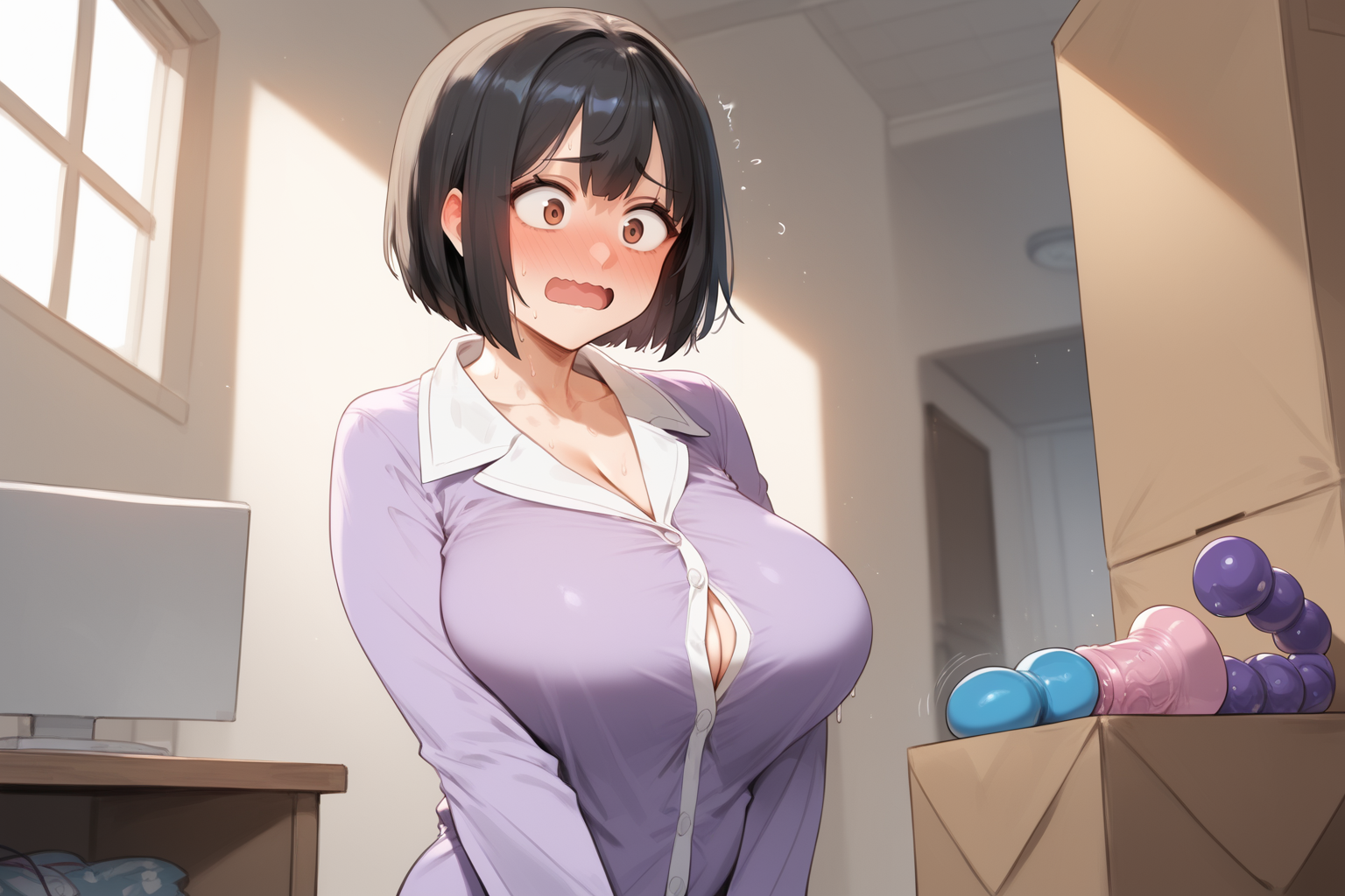 When Sachiko gets dressed, she'll put on her purple turtleneck, black pleated skirt, and thigh high black stockings