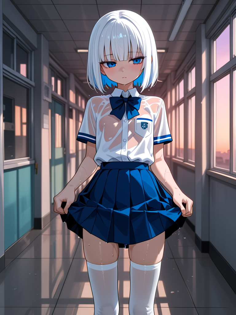 Mika is standing in the hallway with her clothes completely wet.