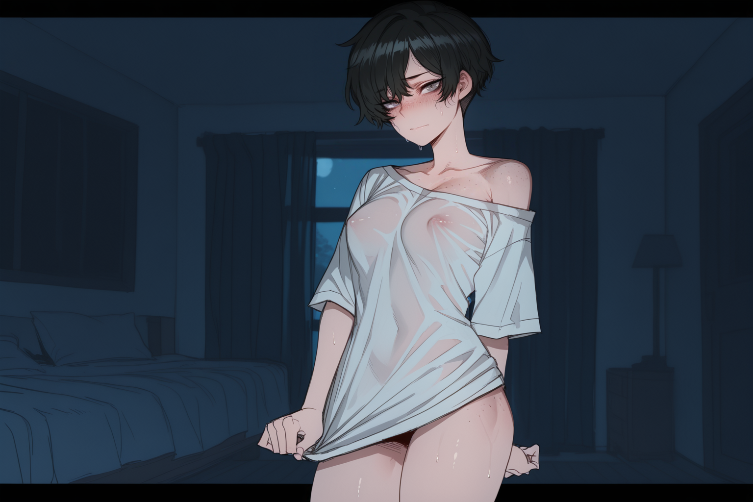 Janet is wearing an oversized white sleep shirt with nothing underneath