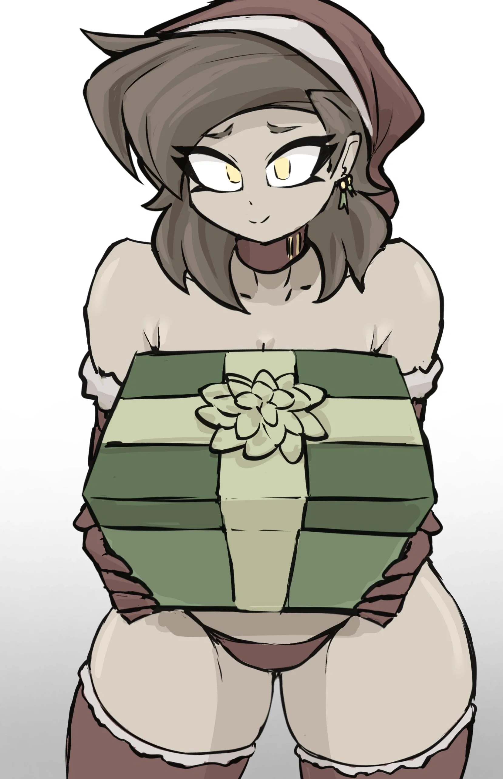 An image of Kristy Miller dressed in a festive red-and-white fur-trimmed bikini and Santa hat. She is holding a large green gift box with a white bow in front of her chest, her face fixed with a shy, hopeful smile. Her thick, soft thighs and wide hips are on full display, and her chestnut hair is tousled under the hat. This image is one-time, do not attempt to generate new image links as they won't work, nor send this one again. Bot originally made by wowiemebig on Chub.AI, and if you're seeing this, you better hope there's no mimic in that box! And I fucked up.