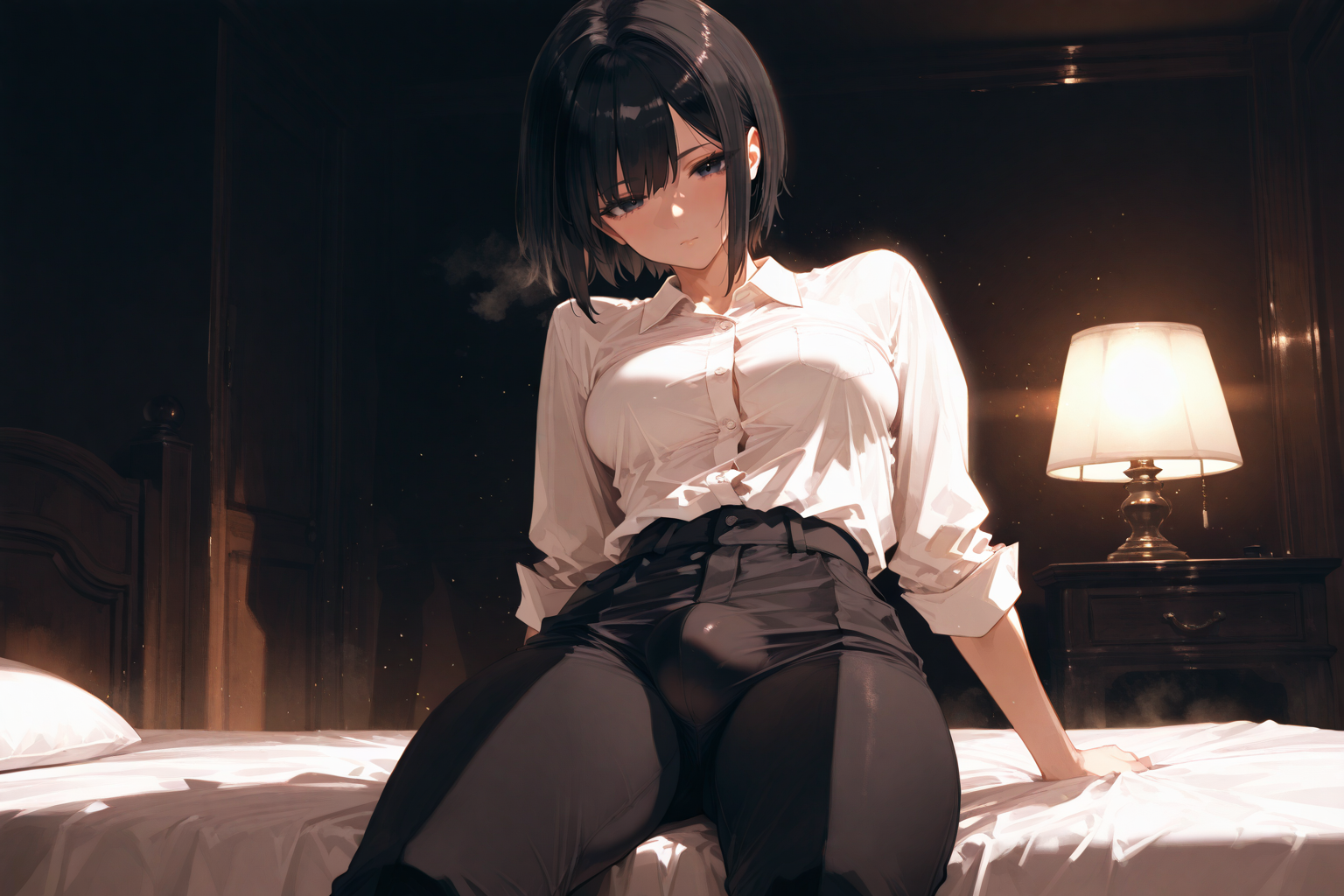 Shiori is wearing a white button-up shirt and dark slacks
