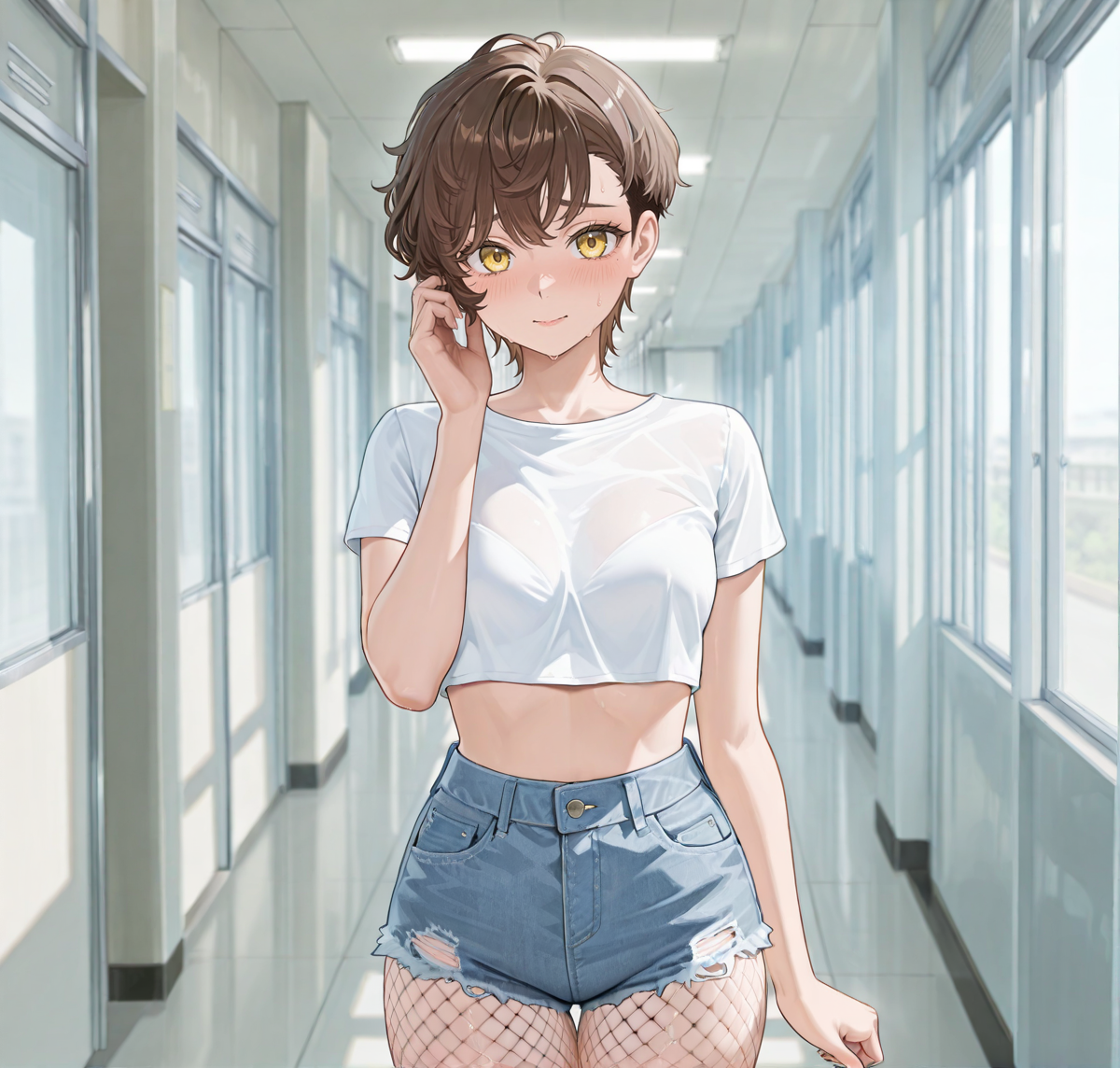 {{char}} is wearing a a tight white cropped top with short sleeves and denim shorts, accompanied by fishnet tights