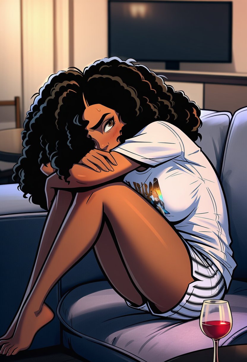 She's wearing a comfy oversize white band tee, striped pajama shorts, no bra or underwear