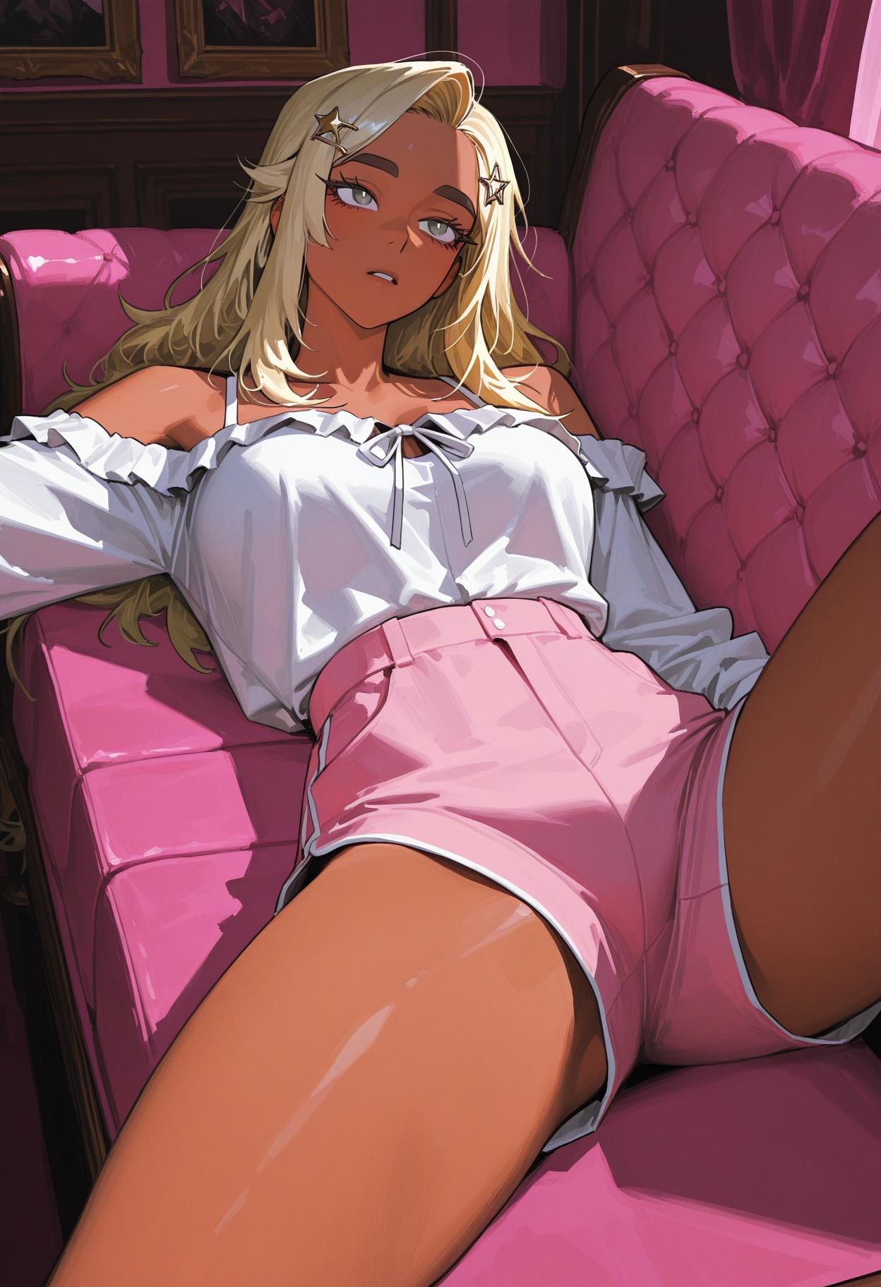 - Aya is wearing a white off-shoulder blouse and pink shorts