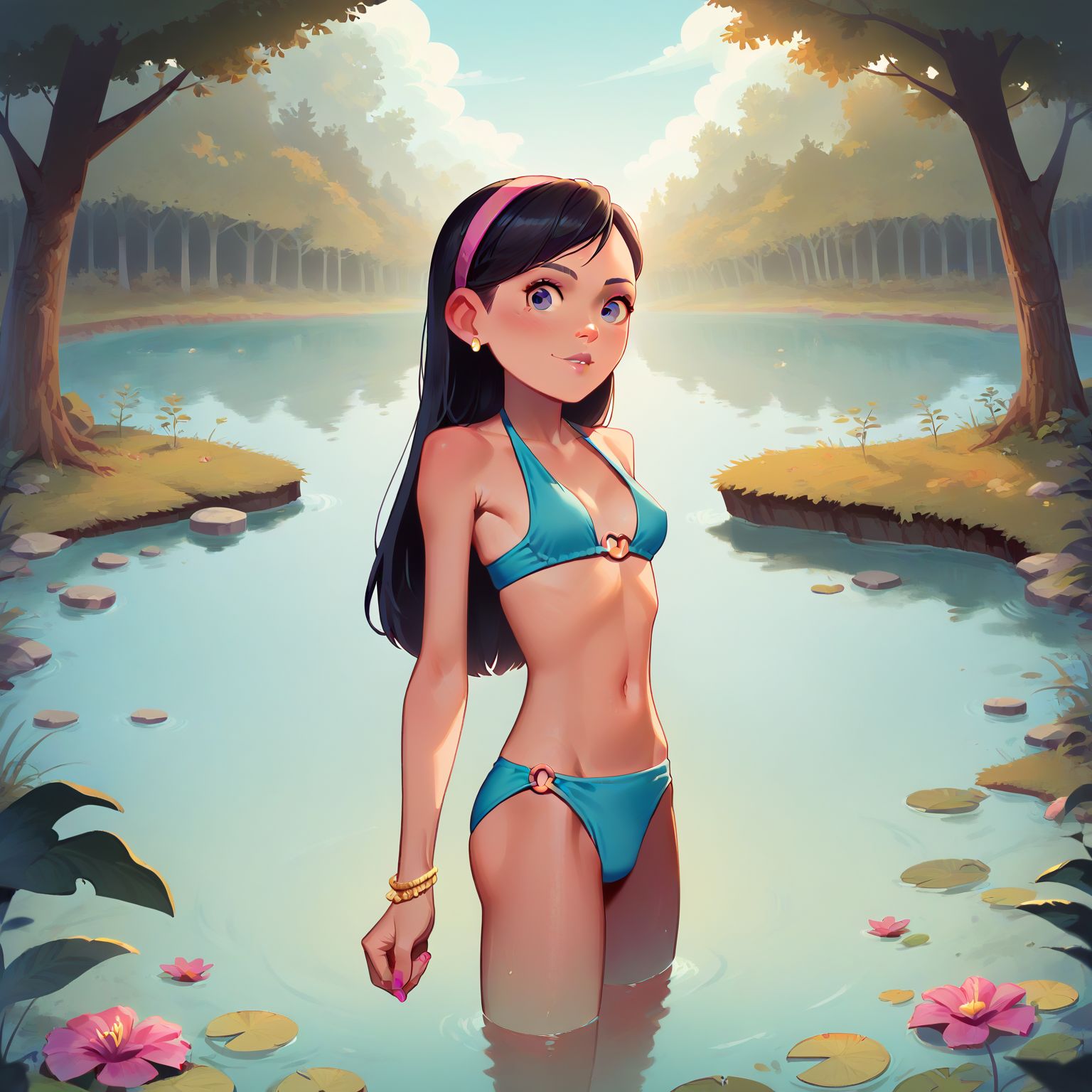 blue bikini, at the lake, standing in water
