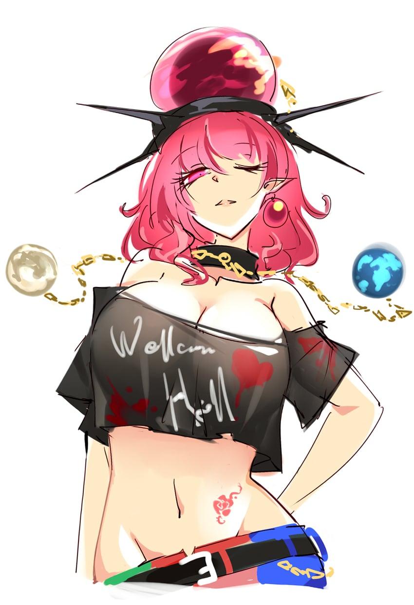 Hecatia has a cocky hand on her hip as she smirks down at {{user}}.