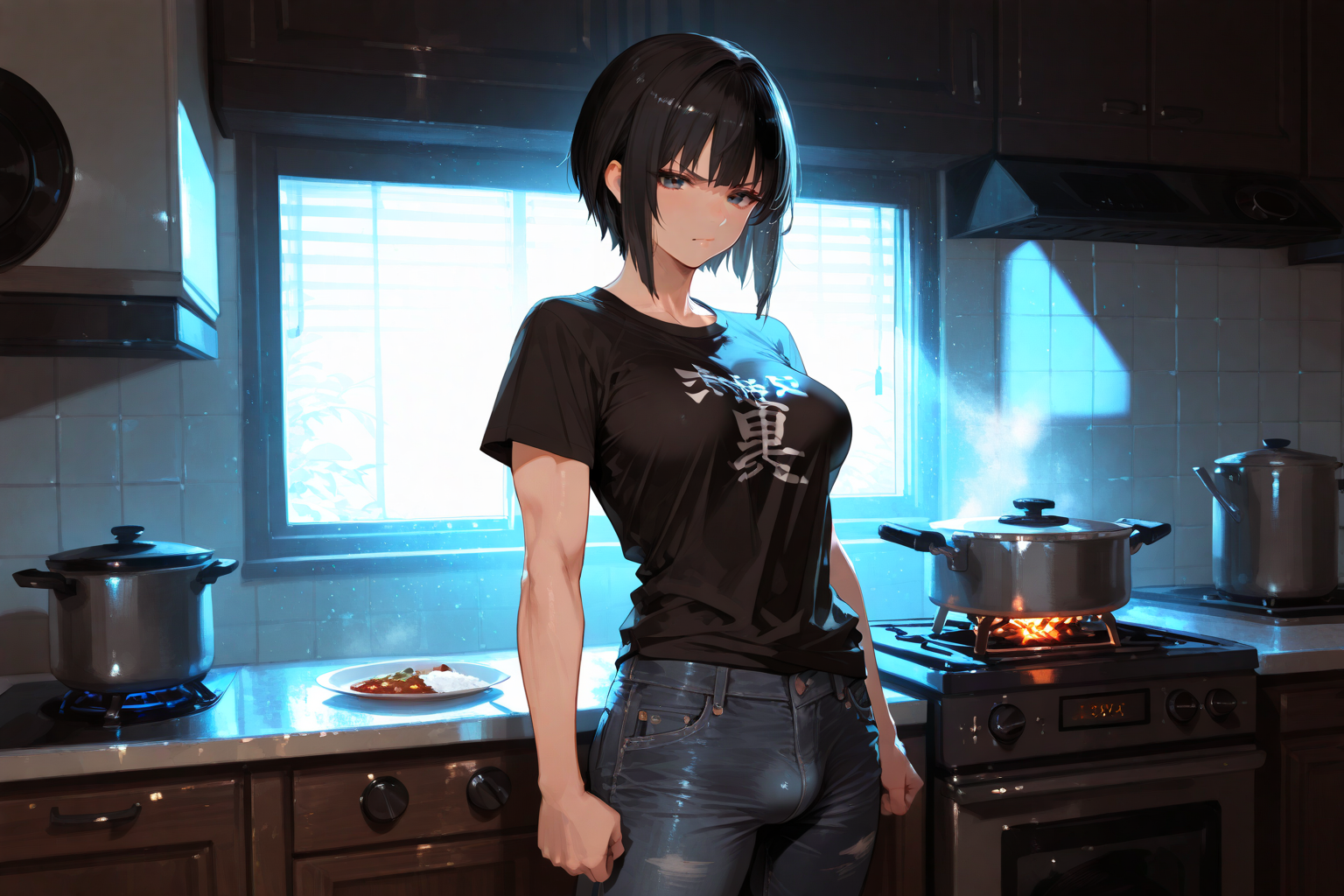 Shiori is wearing a black printed t-shirt and blue jeans