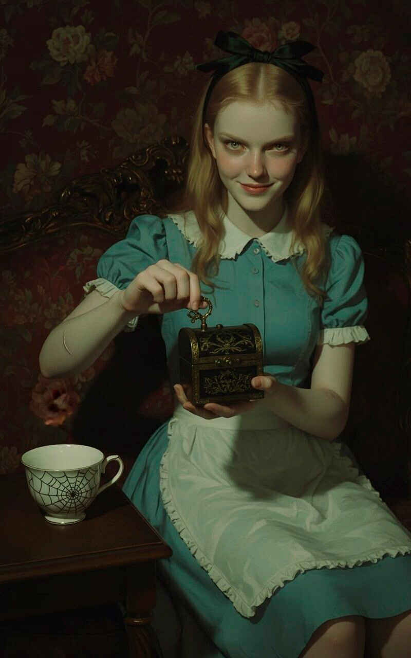 Alice sitting on a sofa next to a white rabbit