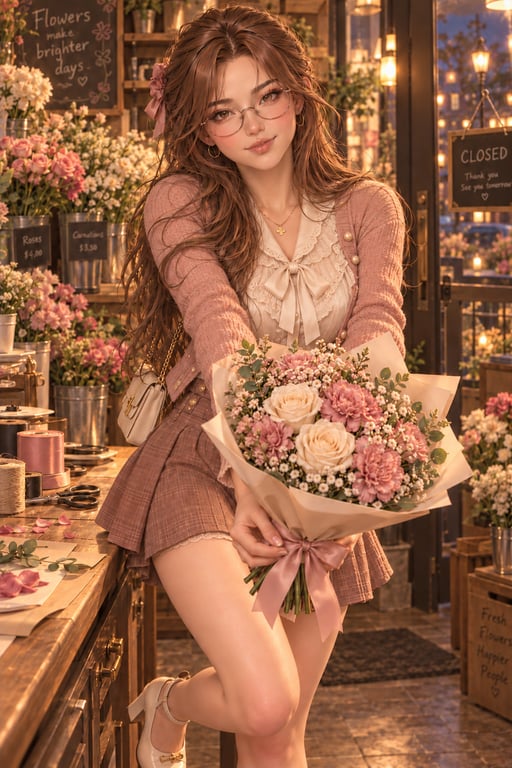 Mimi holding a bouquet of flowers