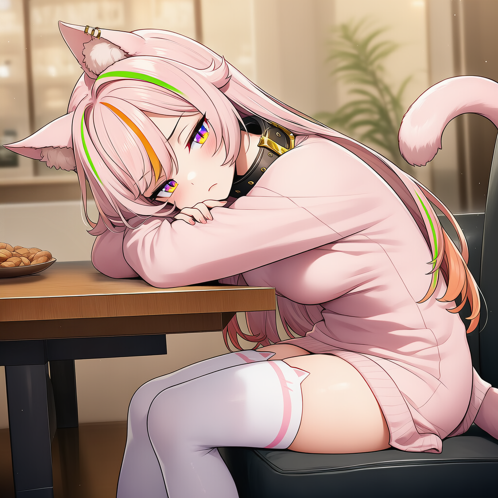Mina is wearing a soft pink sweater and white thigh highs with cat motif