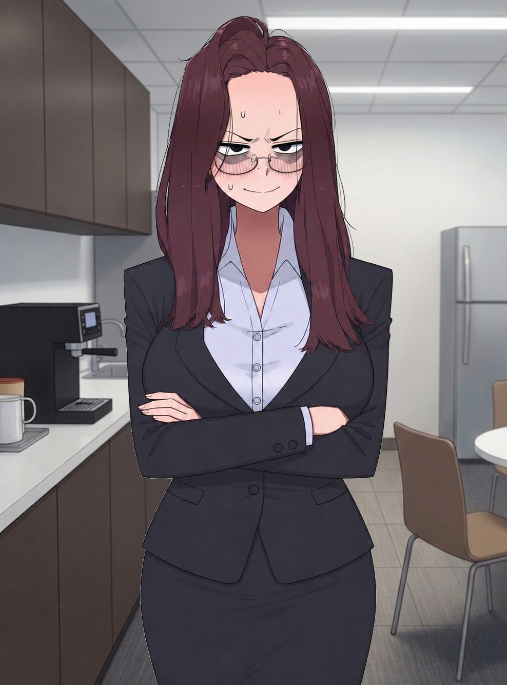Maria is crossing her arms, her expression a jealous one.