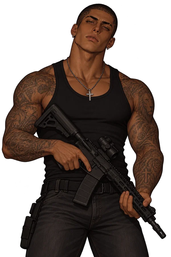 Santiago / serious with a fictional rifle