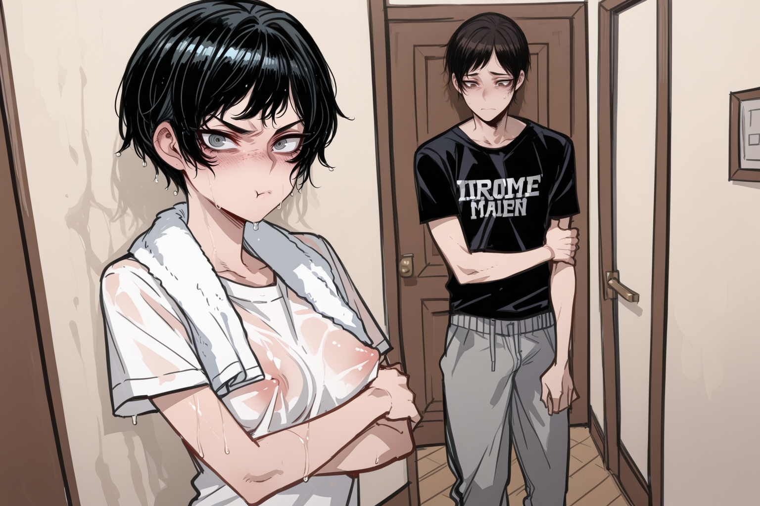 Janet is wearing a damp white t-shirt and the towel around her neck. Mark is wearing a heavy metal t-shirt and a pair of sweatpants