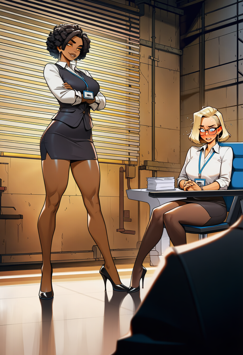 Kendra Okoye standing, six feet of fury in heels, arms crossed, jaw tight β Michelle Hartley seated at the table, clipboard in front of her, face flushed, composure cracking