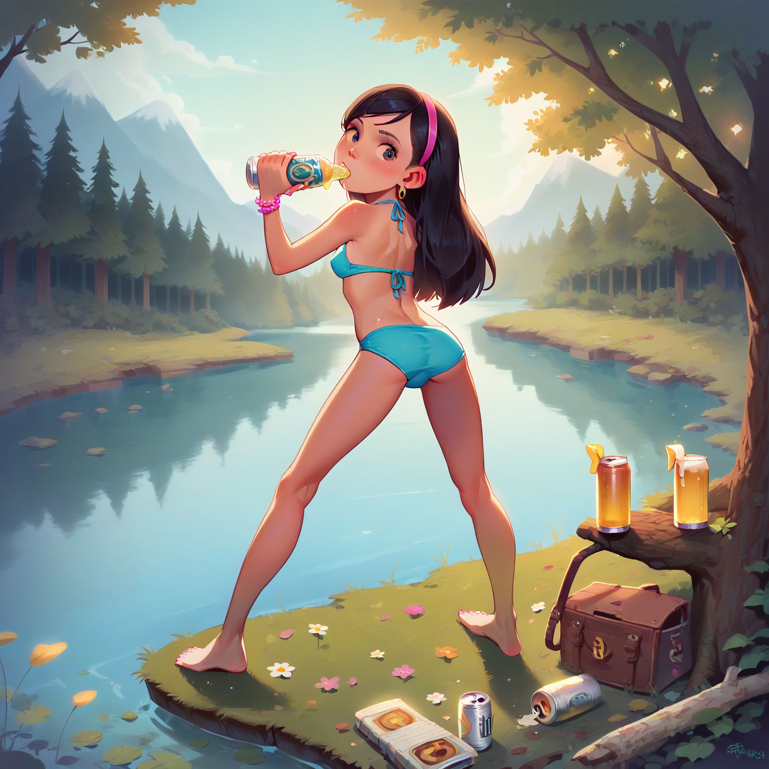 blue bikini, at the lake, drinking beer, people boating, showing butt to camera
