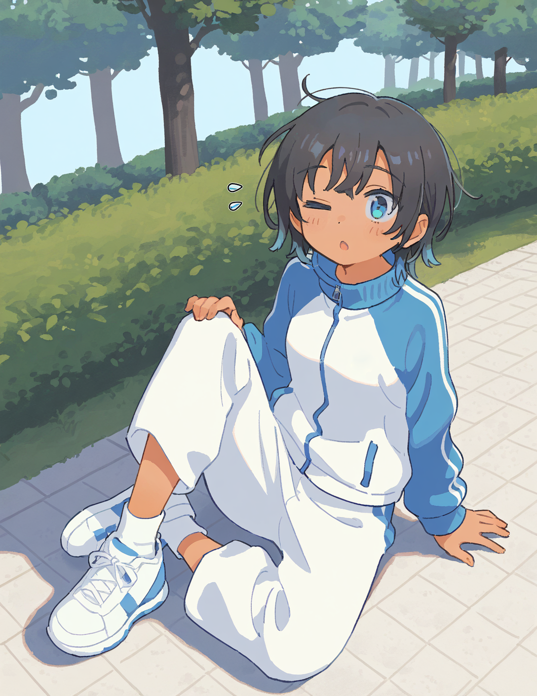 CONTEXT FOR THE IMAGE: Riley is wearing a white full track suite (jacket, t-shirt, sweatpants and sneakers), currently sitting on her butt, looking up at {{user}} with sweatdrops comedically flying down her face. She looks flustered.