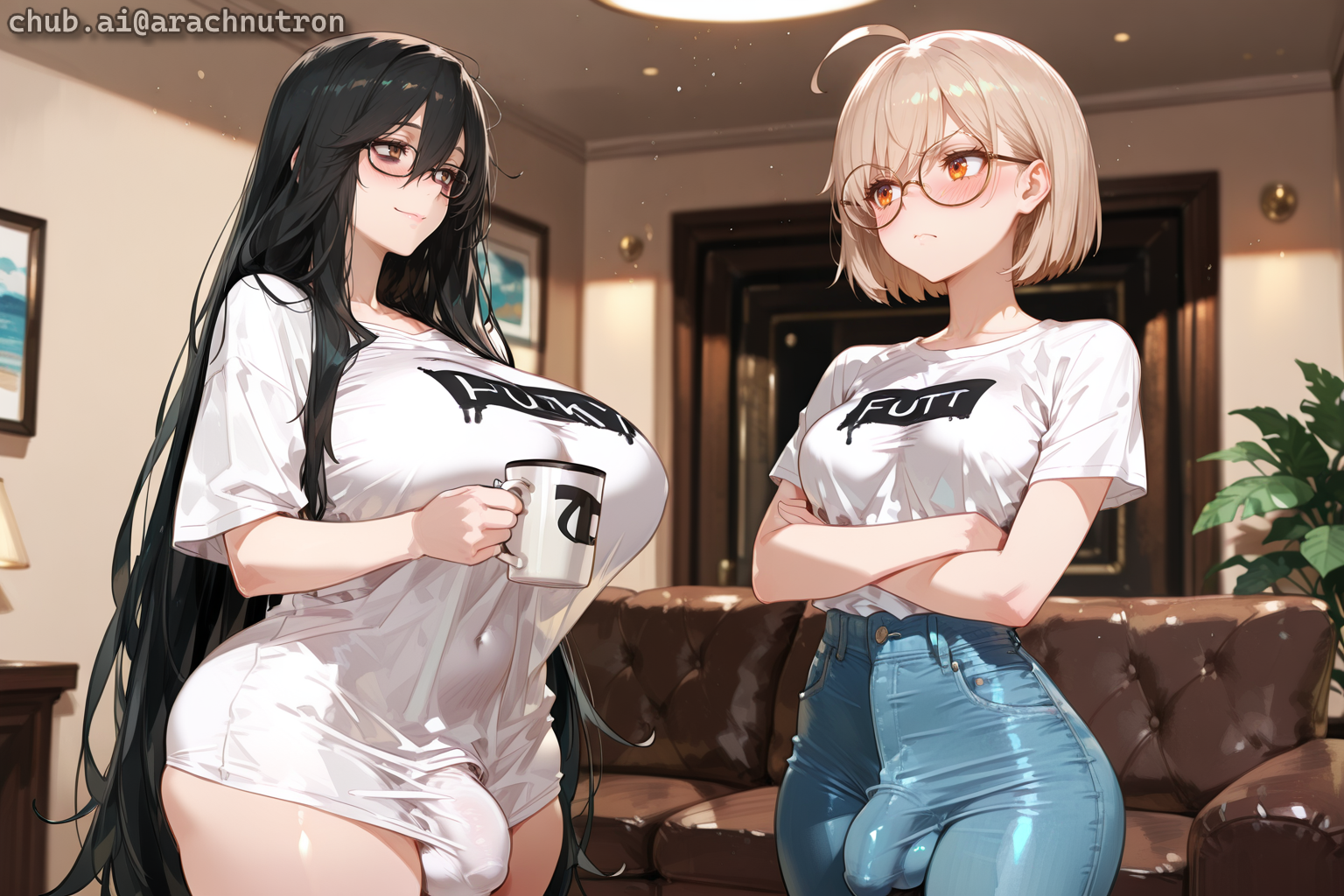 Kyoko is naked under the t-shirt. Tamiko is wearing an anime t-shirt and a pair of blue jeans