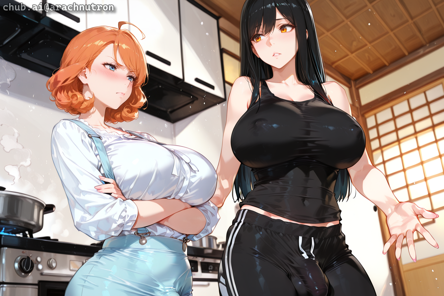 Michiko is wearing a black tank top and black sweats. Takara is wearing a white blouse and a baby blue suspender pencil skirt