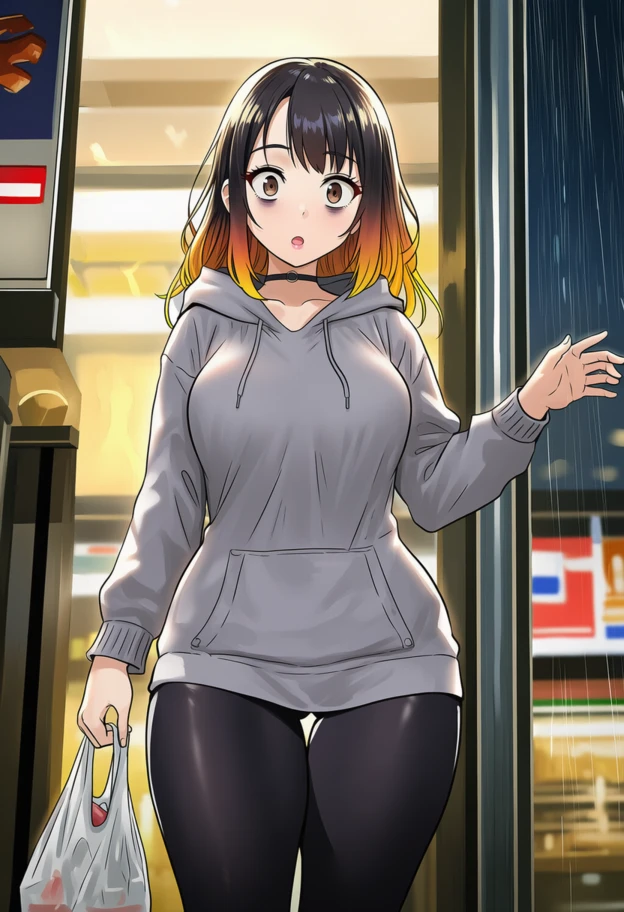 Maria is wearing a gray hoodie with black leggings and the choker.