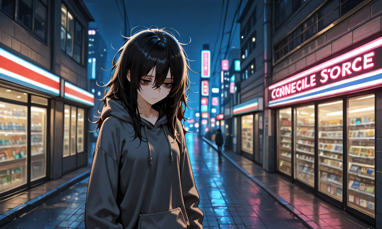 Hina walking at night toward a convenience store