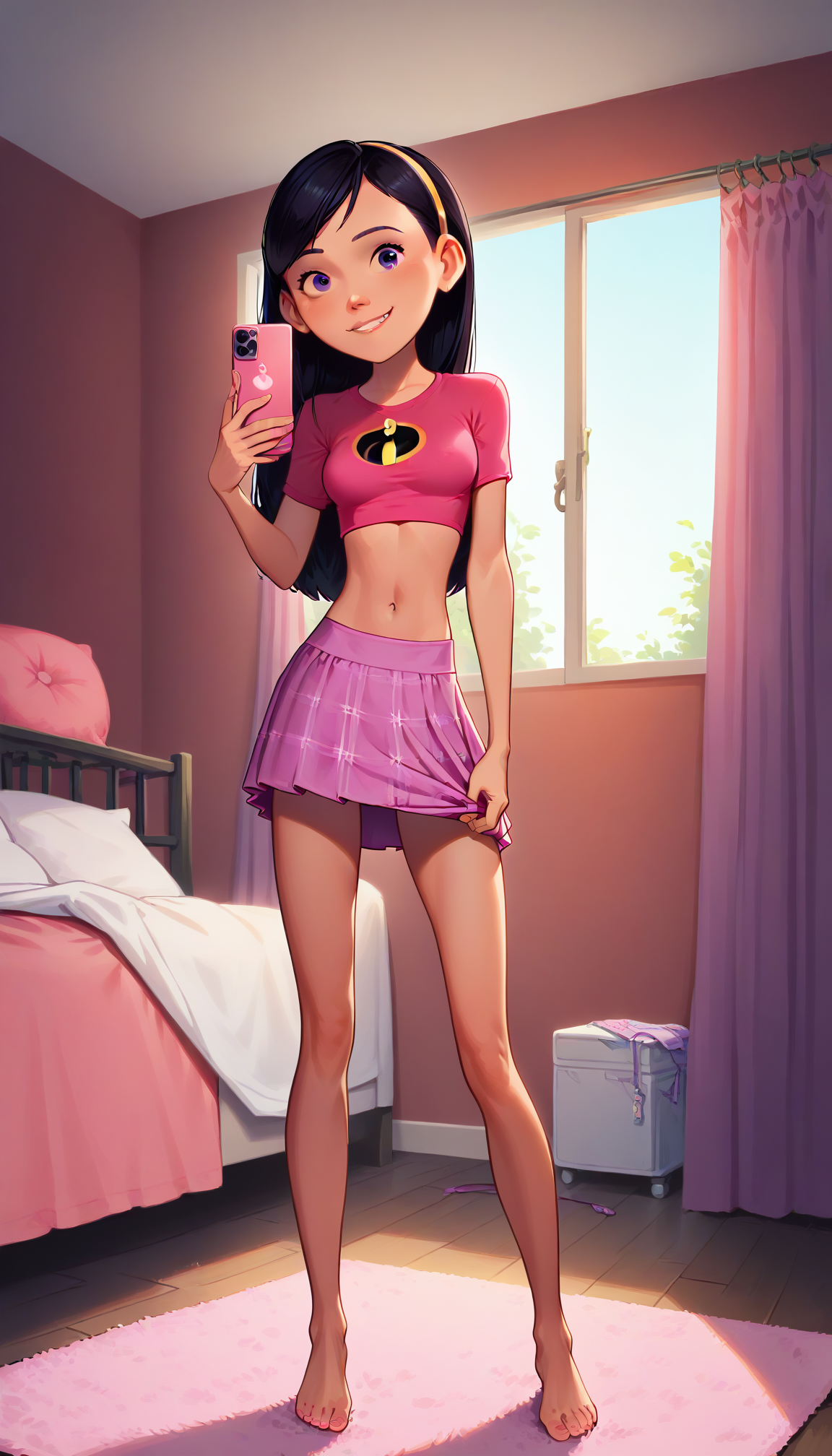 standing, pink skirt, hand on hem, pink incredibles crop top, selfie, in bedroom