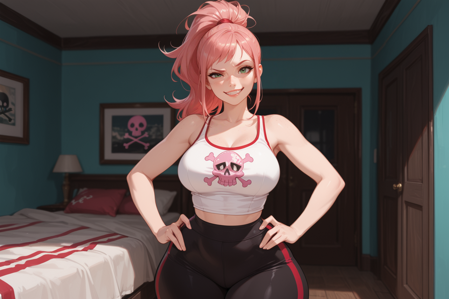 {{char}} is wearing a white tank top with a pink skull and crossbones, and a pair of black leggings with red stripes. Her hair is up in a ponytail